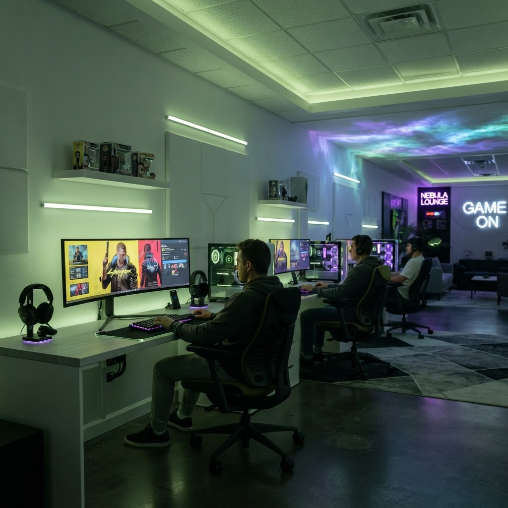 Salon gaming avec écrans incurvés et lumière olive