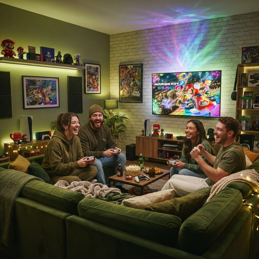 Groupe d’amis jouant à la console dans un salon convivial
