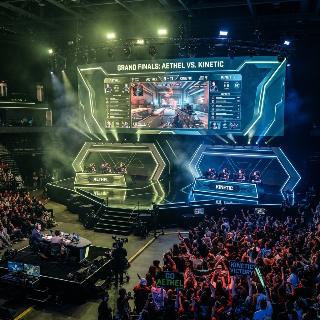 Scène de tournoi esport avec écran géant et public