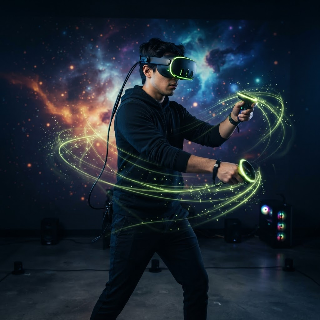 Joueur en casque de réalité virtuelle entouré de traînées lumineuses