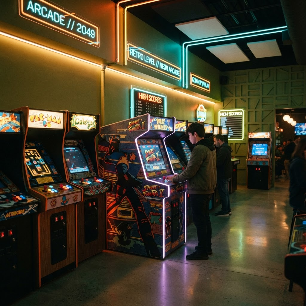 Bornes d’arcade rétro dans une salle éclairée au néon