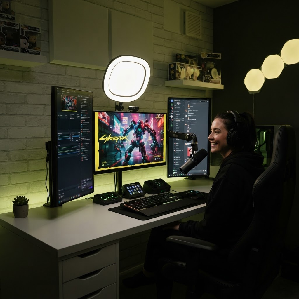 Configuration de streaming avec ring light et plusieurs écrans